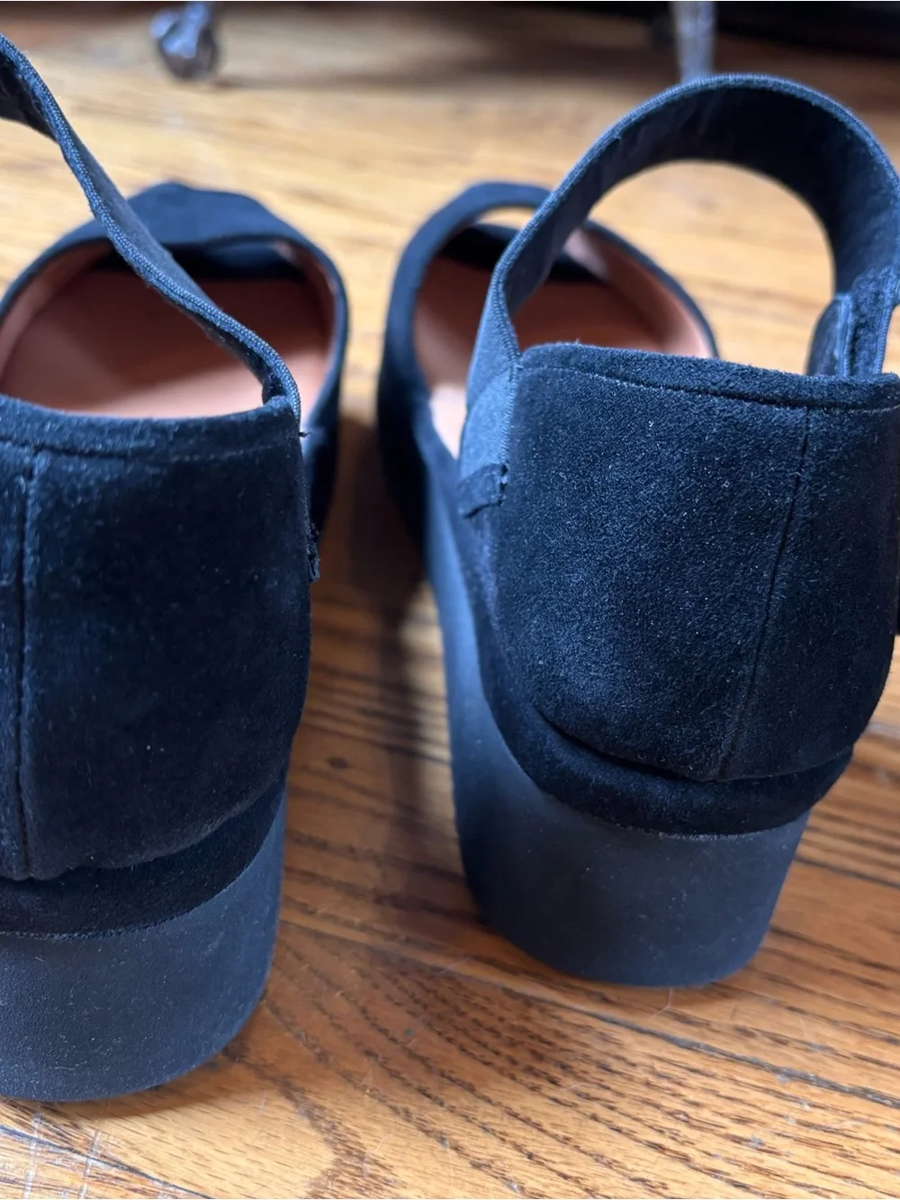 L’Amour des Pieds Amadour Black Suede Open-Toe Wedge Sandals with Ankle Strap